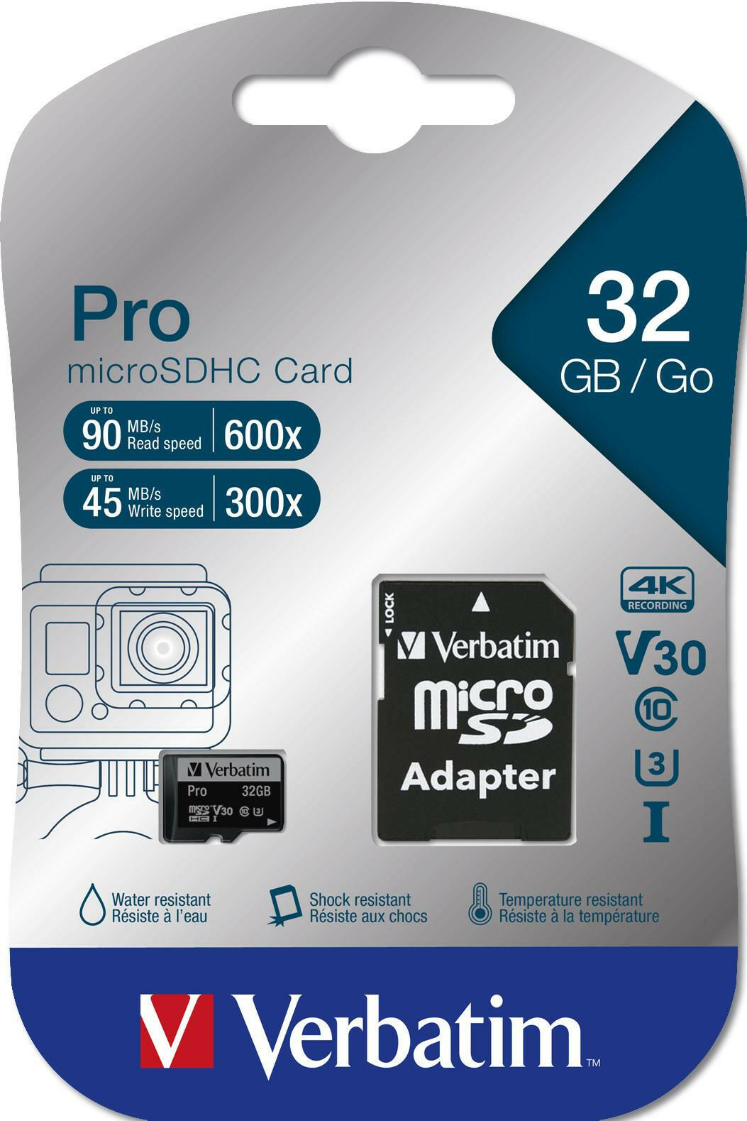 Verbatim Pro 32GB MicroSDHC Class 10 - Black, Shock/Water.