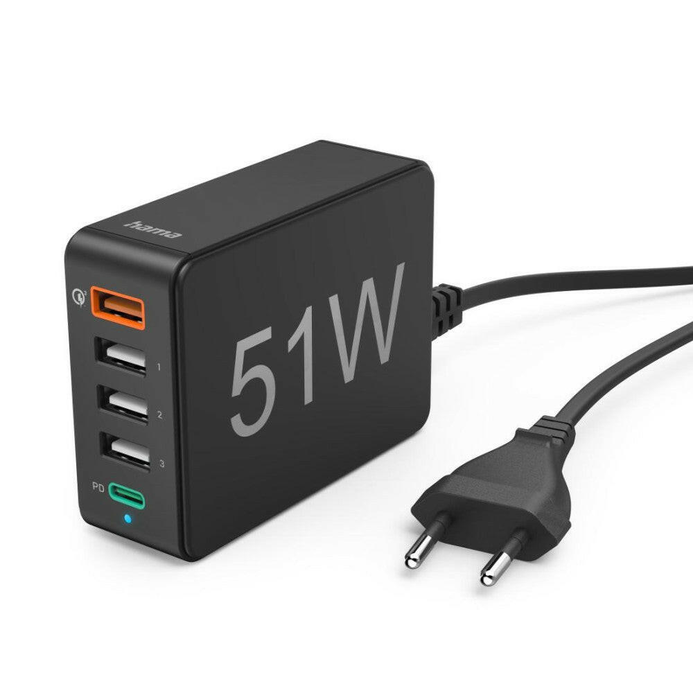 Hama USB-Ladegerät 5 Port 51W mit QC3.0 & PD, schwarz.
