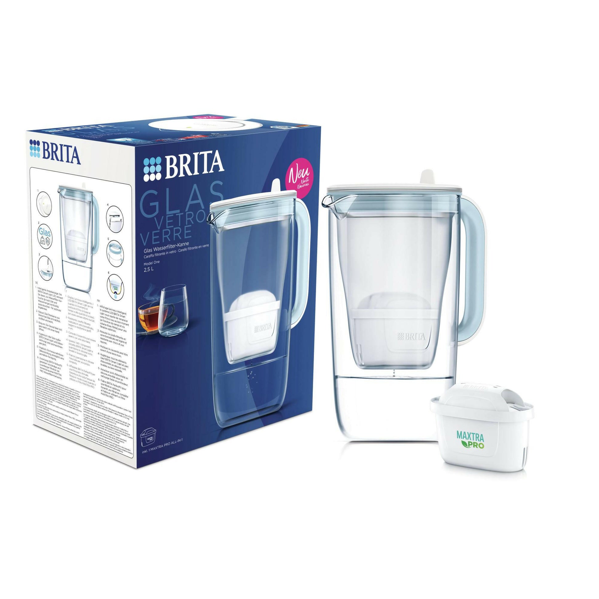 BRITA Glas Wasserfilter-Kanne hellblau (2,5l) - MAXTRA PRO.