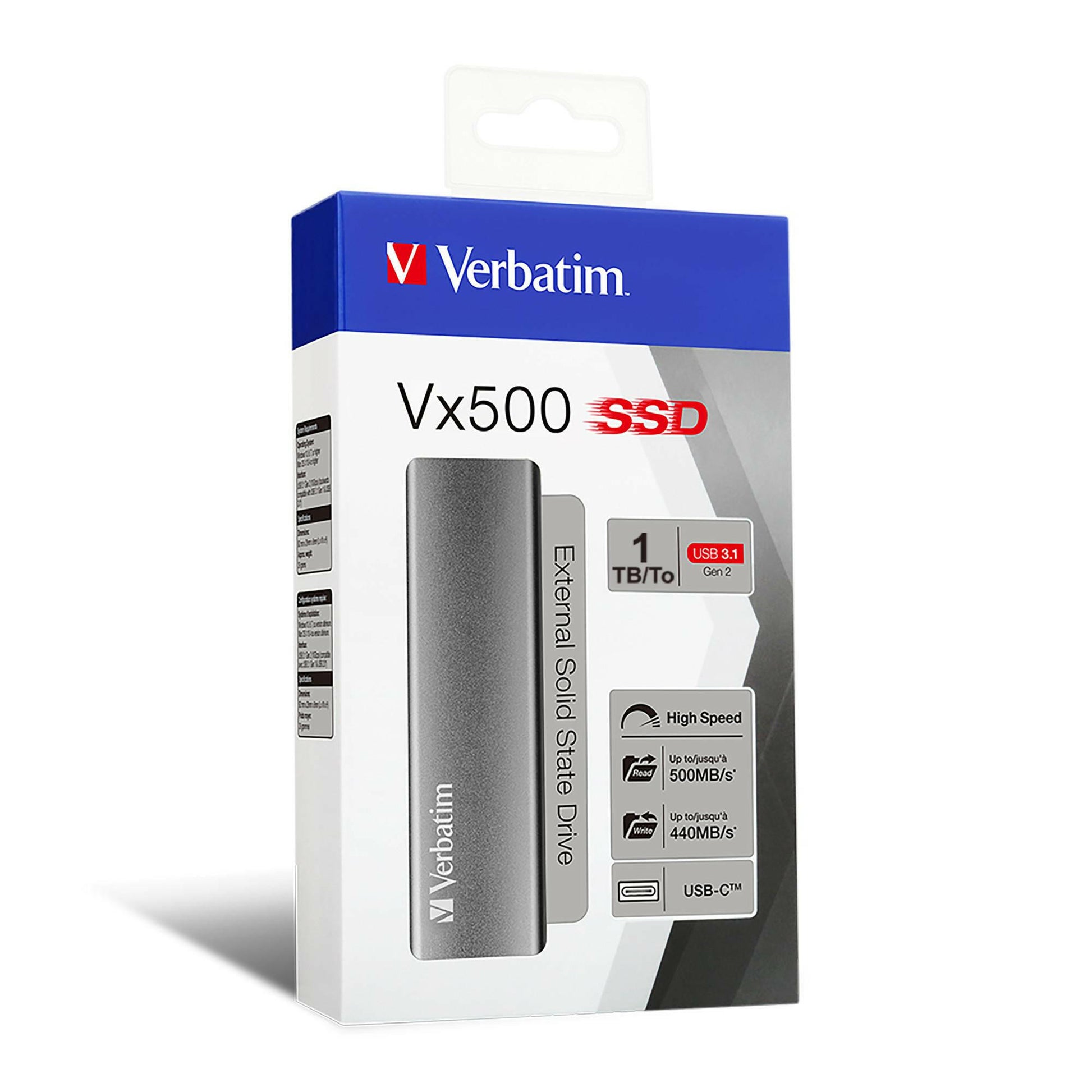 Verbatim Vx500 1TB USB-C 3.2 SSD Silber - 500MB/s, 440MB/s.