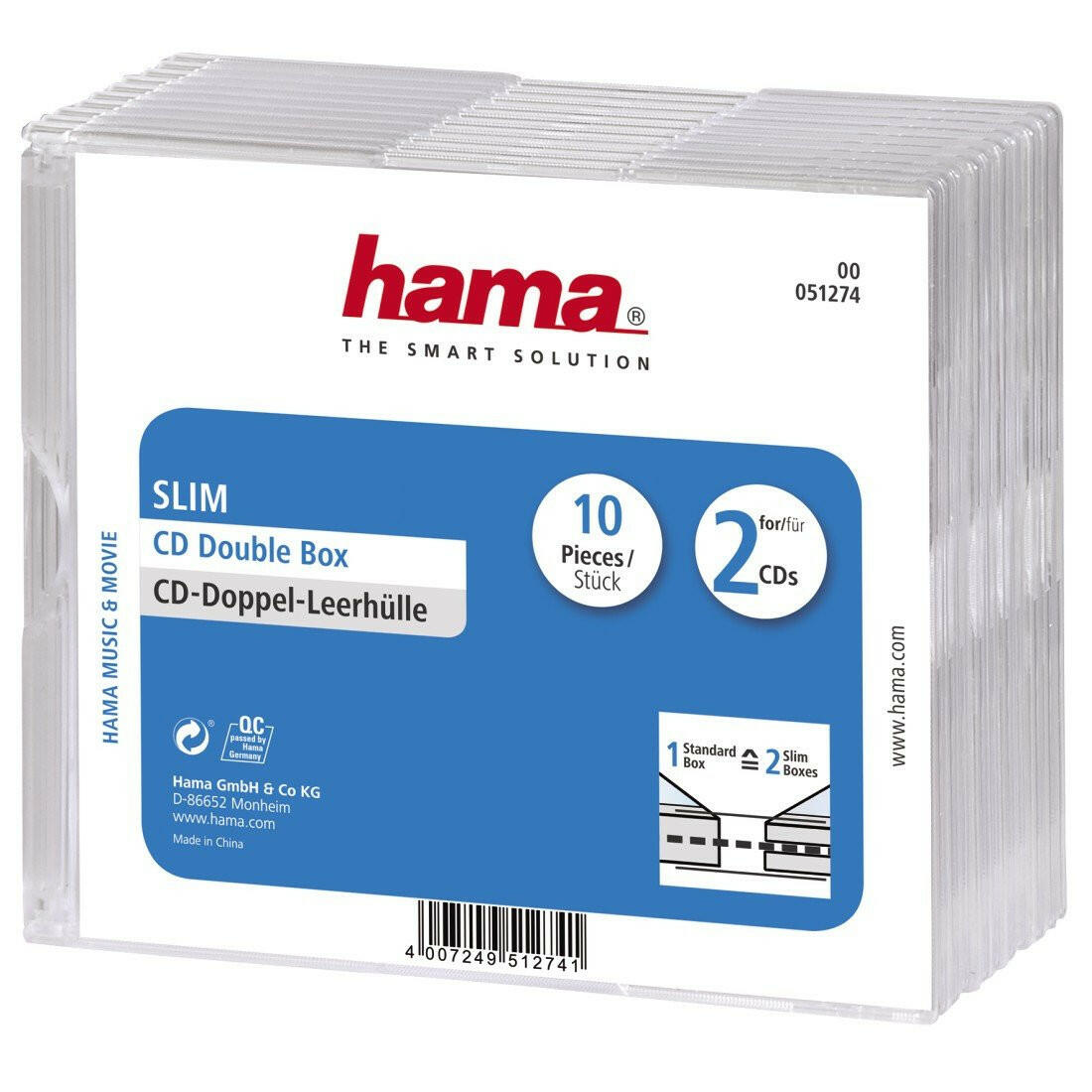 Hama CD-Leerhülle Slimline Double, 10er-Pack, Transparent.