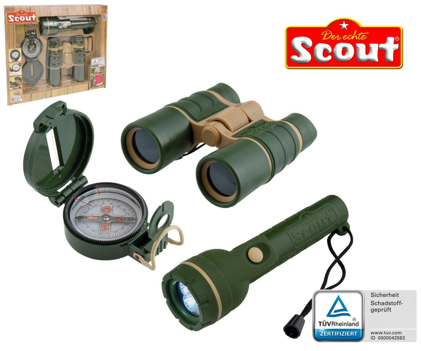 Scout Expedition Kit mit Kompass, Taschenlampe und Fernglas.