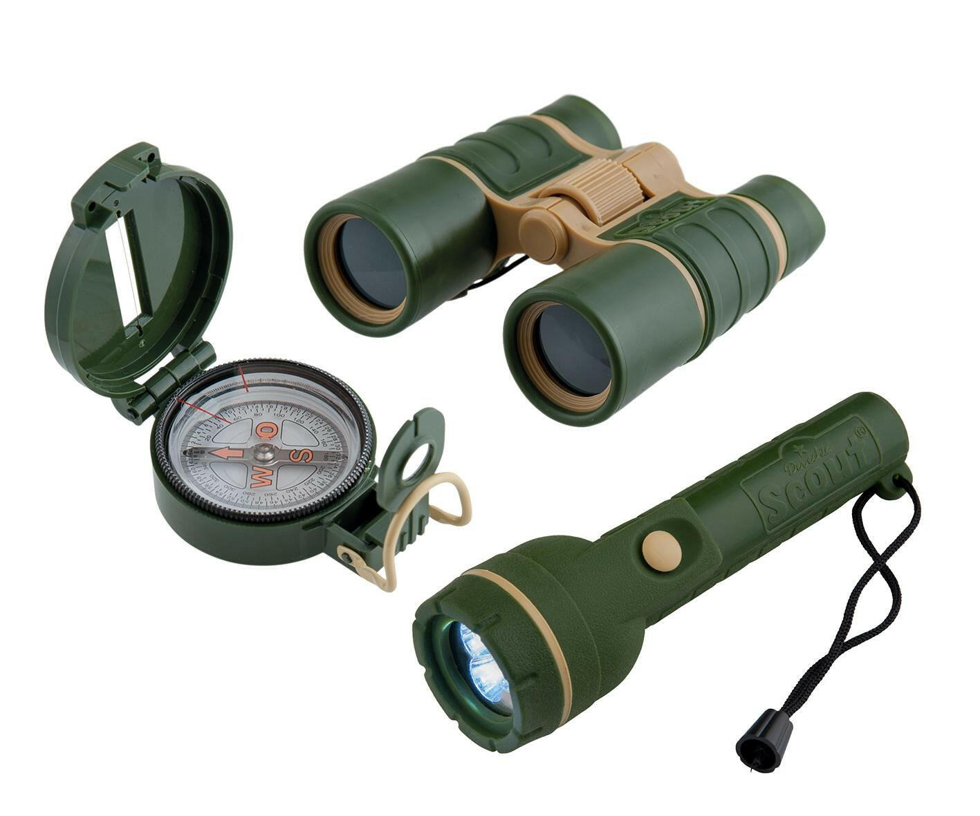 Scout Expedition Kit mit Kompass, Taschenlampe und Fernglas.