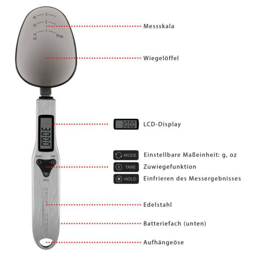 ProfiCook® PC-LW 1214 Digitale Löffelwaage, 300 g, Edelstahl.