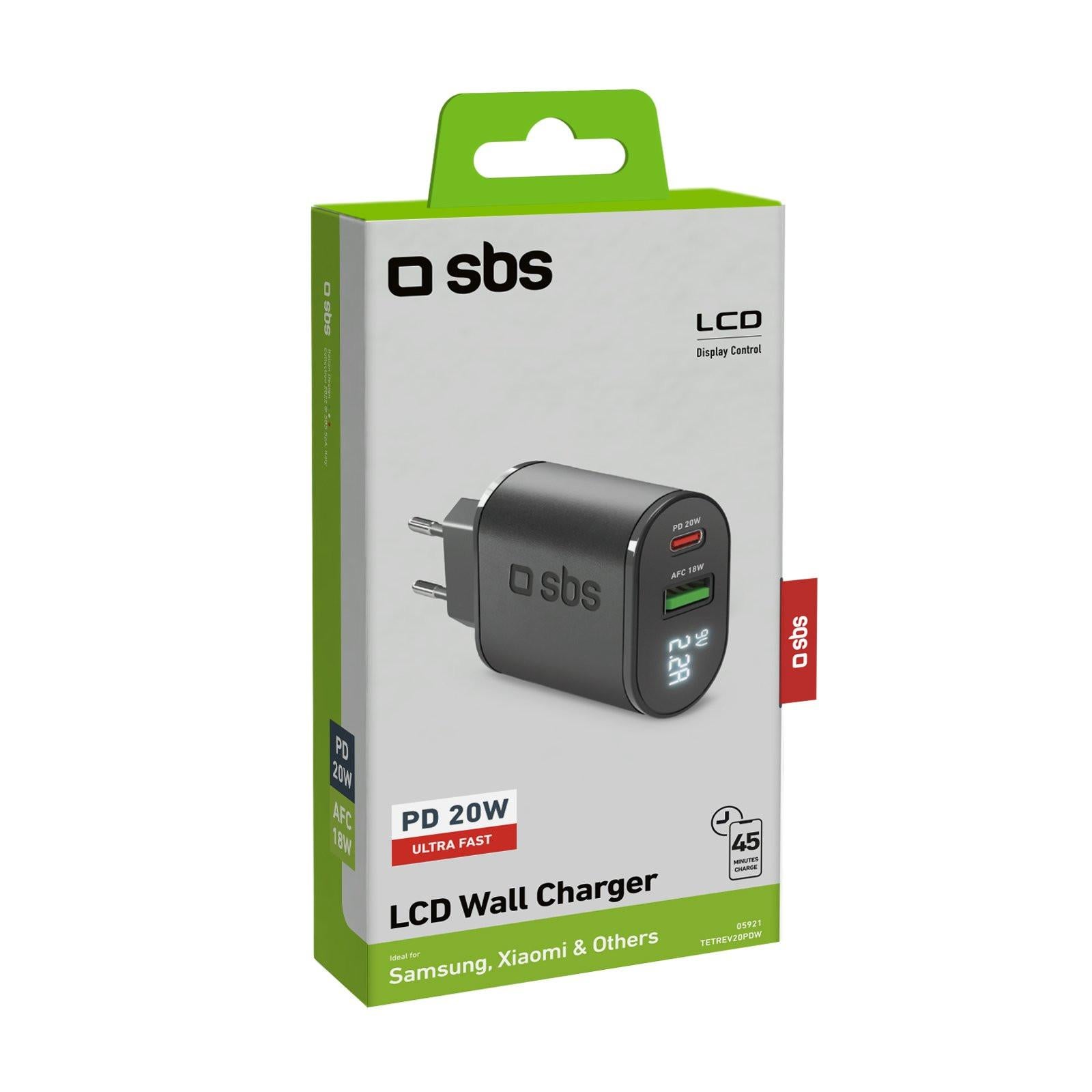 SBS 20W-Ladegerät mit LCD-Bildschirm, USB-C und USB-A, Schwarz