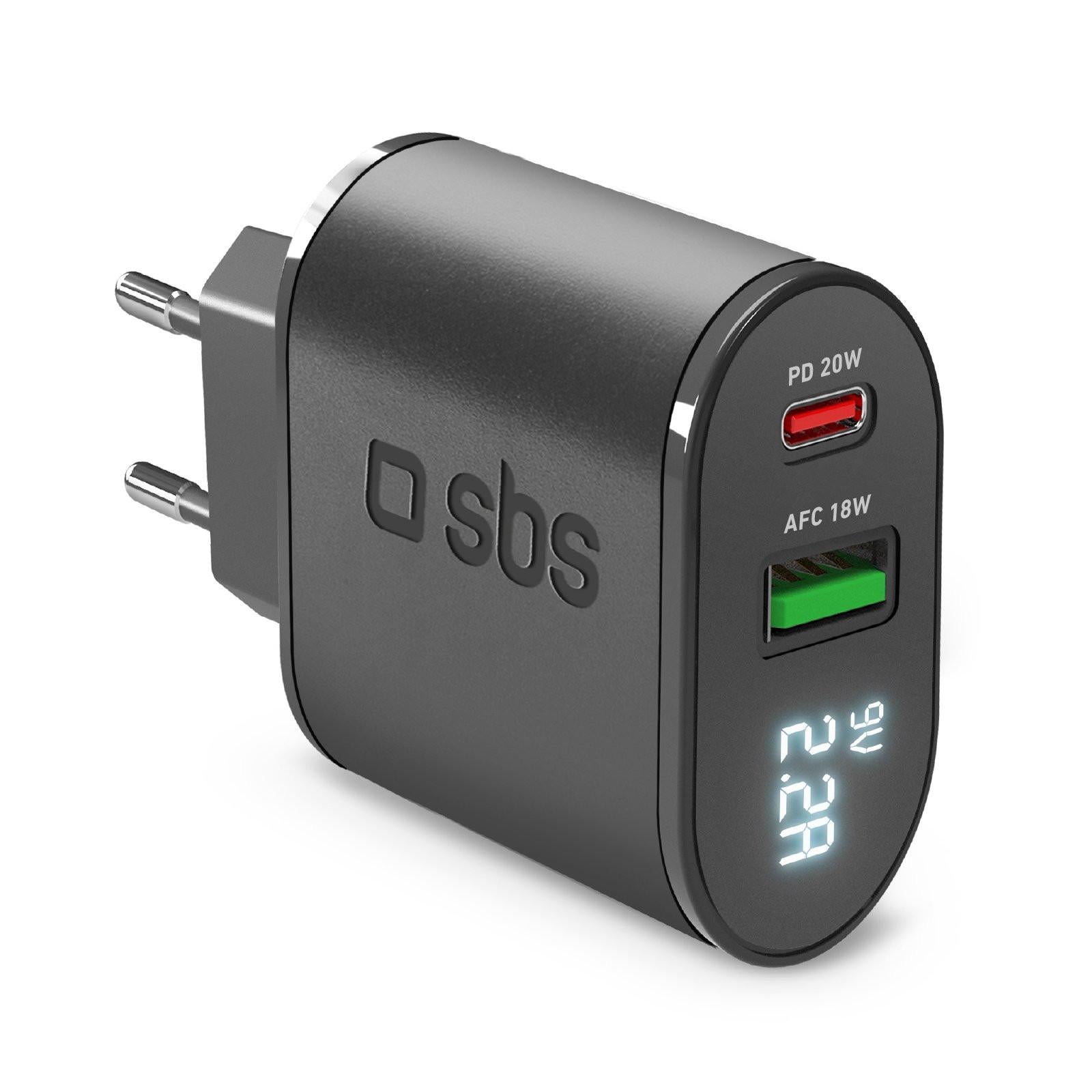 SBS 20W-Ladegerät mit LCD-Bildschirm, USB-C und USB-A, Schwarz