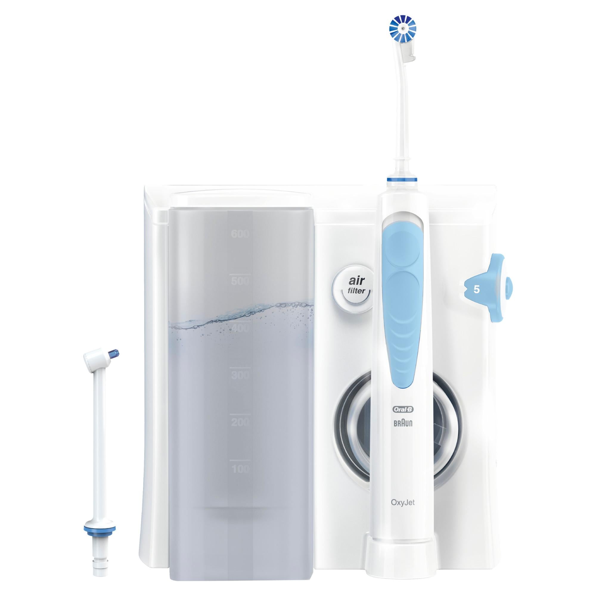 Oral-B Munddusche Oxyjet (Oxyjet-Technologie, 5 Wasserdruck-Stufen, 4 Wasserstrahle, perfekt für Zahnspangen und Implantate, Lieferumfang: 1 Munddusche, 1 Oxyjet-Düse, 1 Waterjet-Düse) - TRONYQ