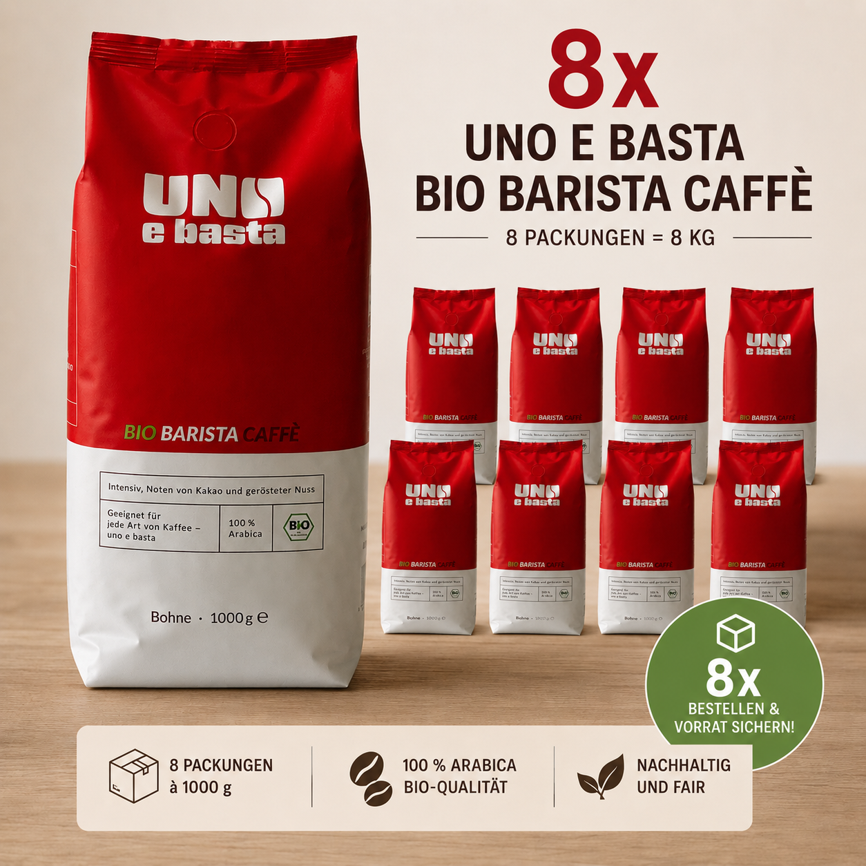 Niehoffs Kaffeerösterei uno e basta 8000g Bohne, bio Kaffee (ganze Bohne, 100 % Arabica, Fein-würziges Aroma, edle Crema)