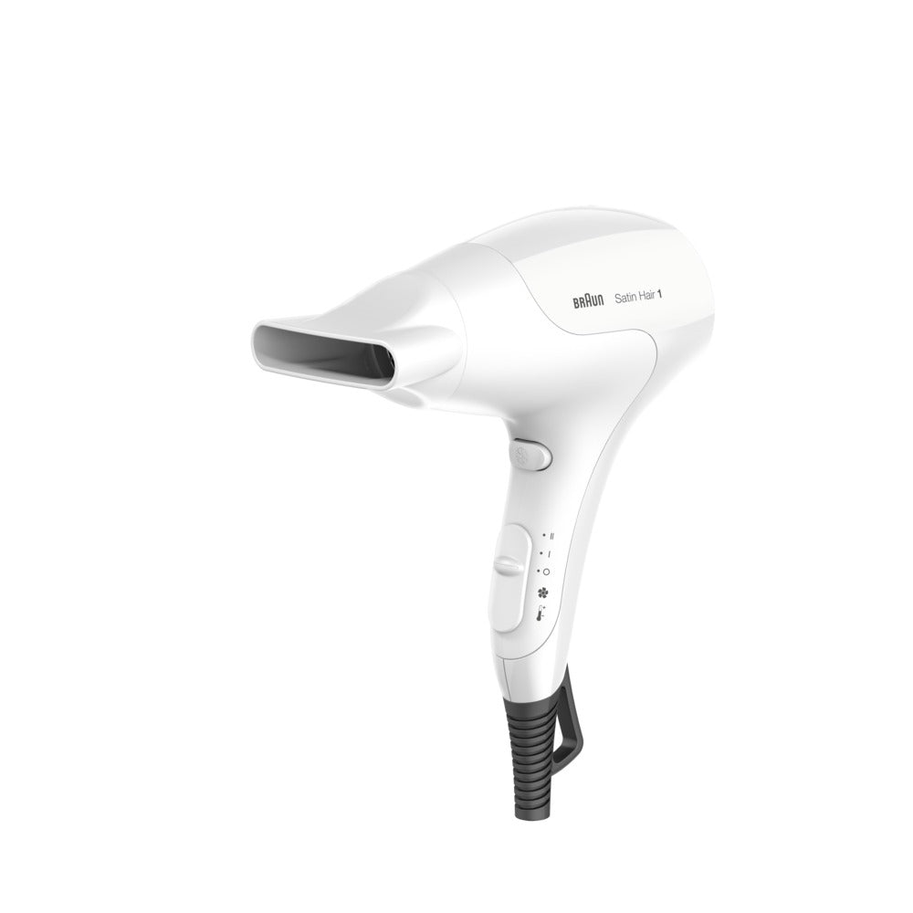 BRAUN Satin Hair 1 HD 180 Power Perfection solo Haartrockner (1.800 Watt, 3 Hitze- und 2 Luftstrom-Einstellungen, Kaltstufe, leichtes und ergonomisches Design, Infrarot Heizsystem, Styling Düse, Öse zum Aufhängen, Weiß) - TRONYQ