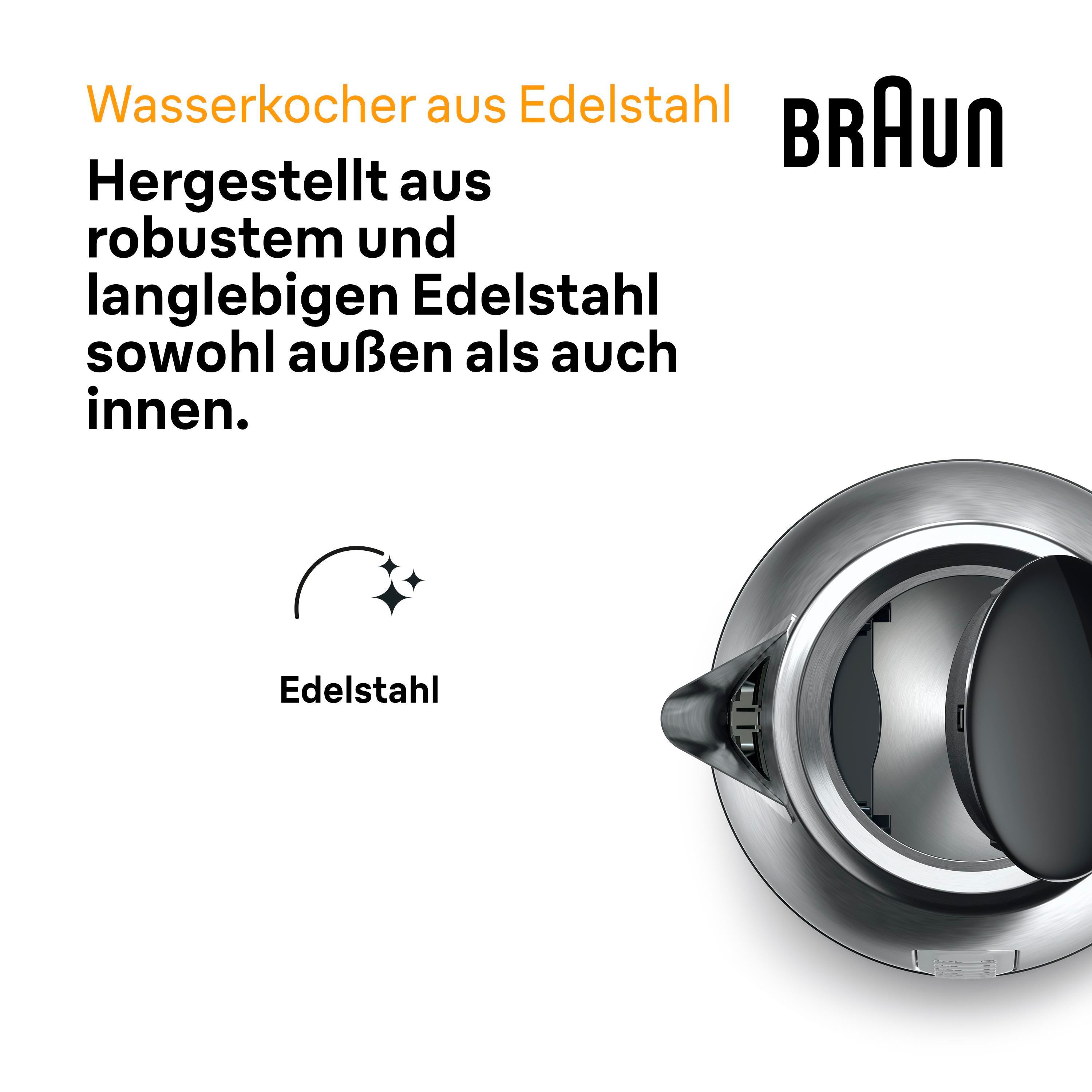 BRAUN WK1500BK PurShine schwarz Wasserkocher (1,7 Liter, 2200 W, Edelstahl, schwarz, Schnellkochfunktion, Kalkfilter, One-Touch-Öffnung) - TRONYQ