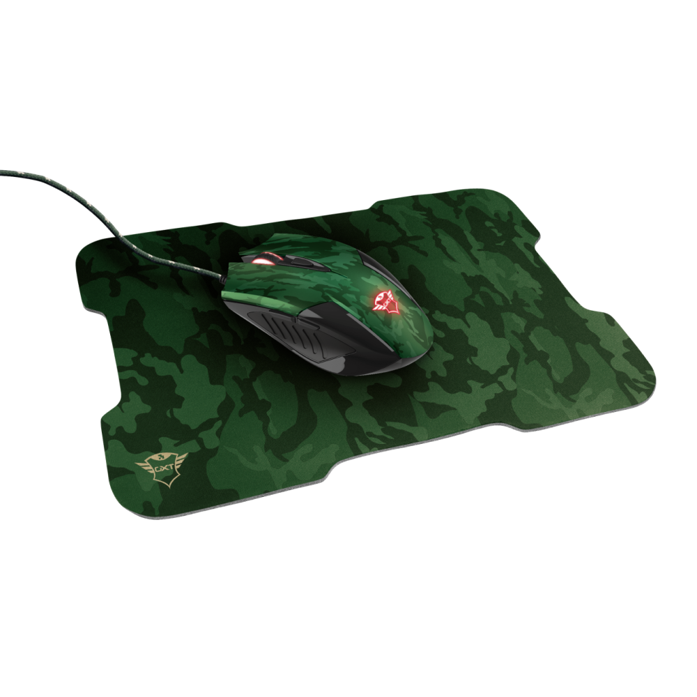 Trust Gaming GXT 781 Rixa Gaming Maus mit Mauspad, LED, 6 Tasten, 800-3200 DPI, beidhändig, USB, Camo