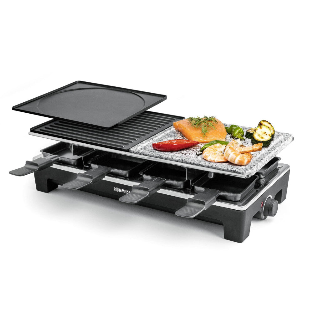 ROMMELSBACHER RCS 1350 schwarz/ Edelstahl Raclettegrill (1350W, 8 Pfännchen, 2x Alu-Druckguss-Platte, Steinplatte, Antihaftbeschichtung, stufenlos regulierbar)