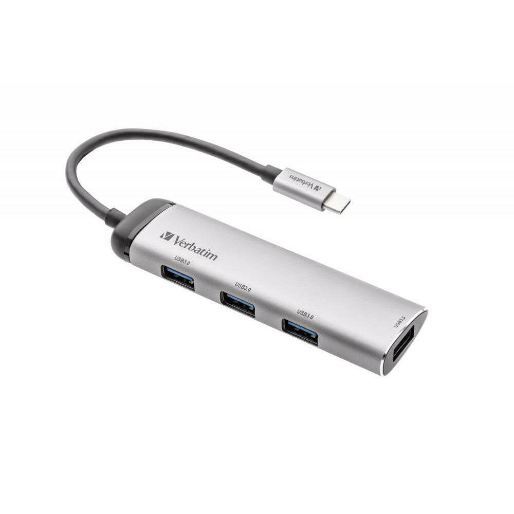 Verbatim USB-C Hub 4-Port, USB 3.2 Adapter, kompakt, silber.