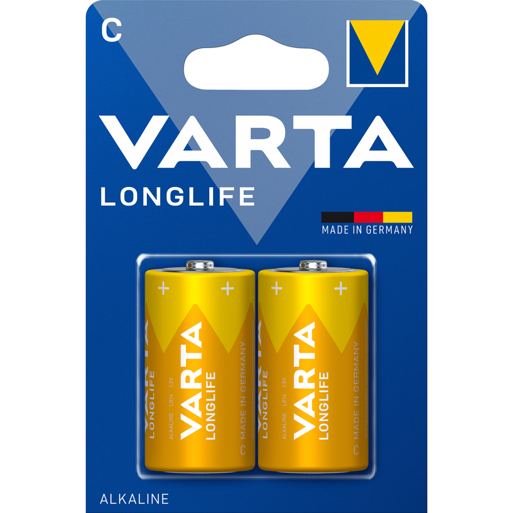 VARTA LONGLIFE C 2er Blister Batterie (LR14, BABY, MN1400, 1/2 Torcia, Alkali-Mangan, 1,5 Volt, 4114)