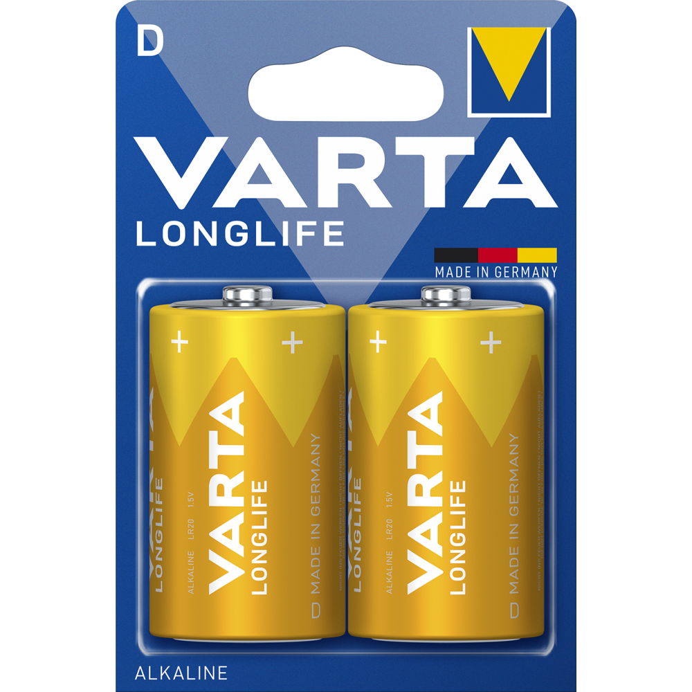 VARTA LONGLIFE D Alkaline Batterien 2er Pack 1,5V für Fernbedienungen, Wecker, Radios - Made in Germany