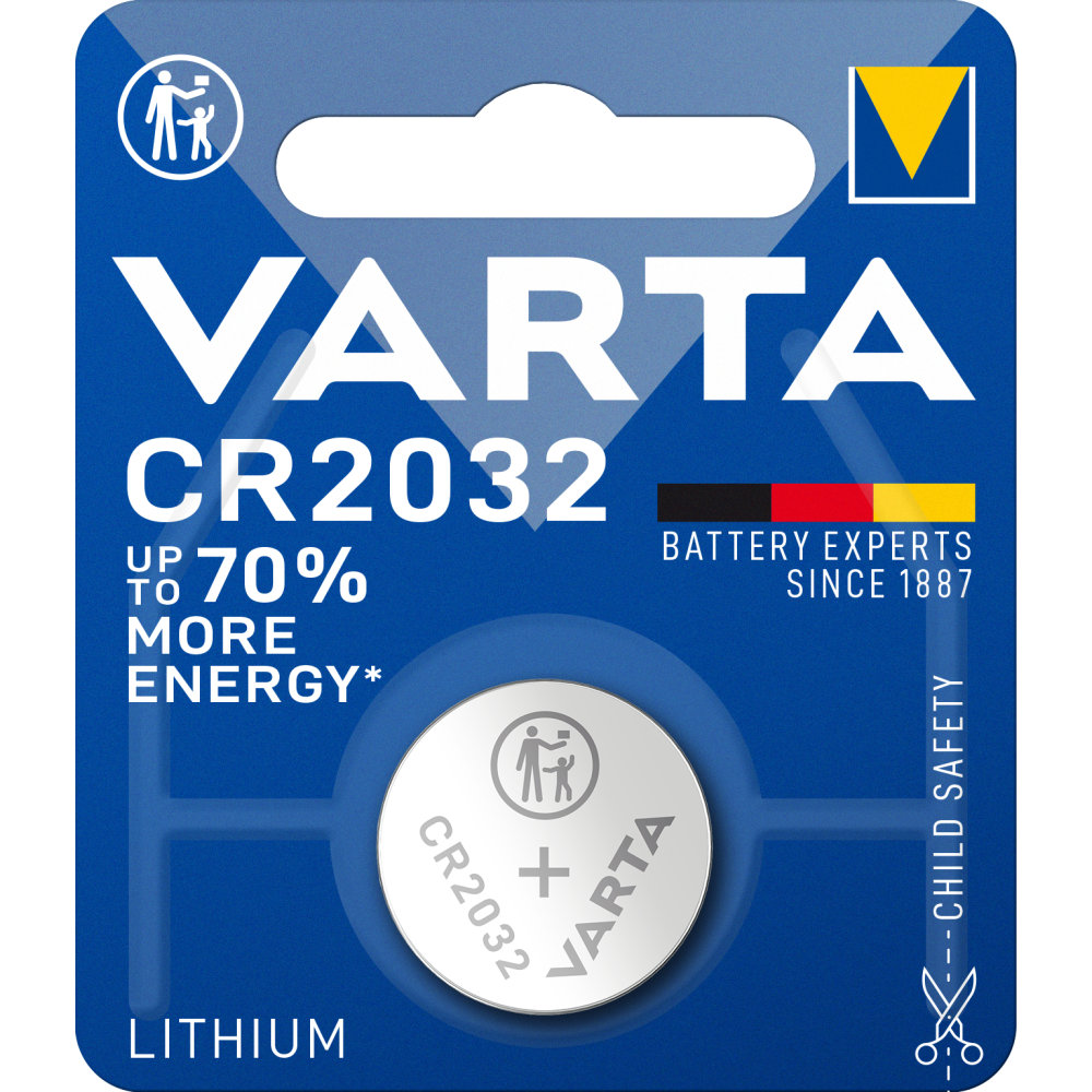 VARTA Lithium CR2032 Knopfzelle 3V 20mm x 3,2mm, 1er Blister - Leistungsstarke Batterie