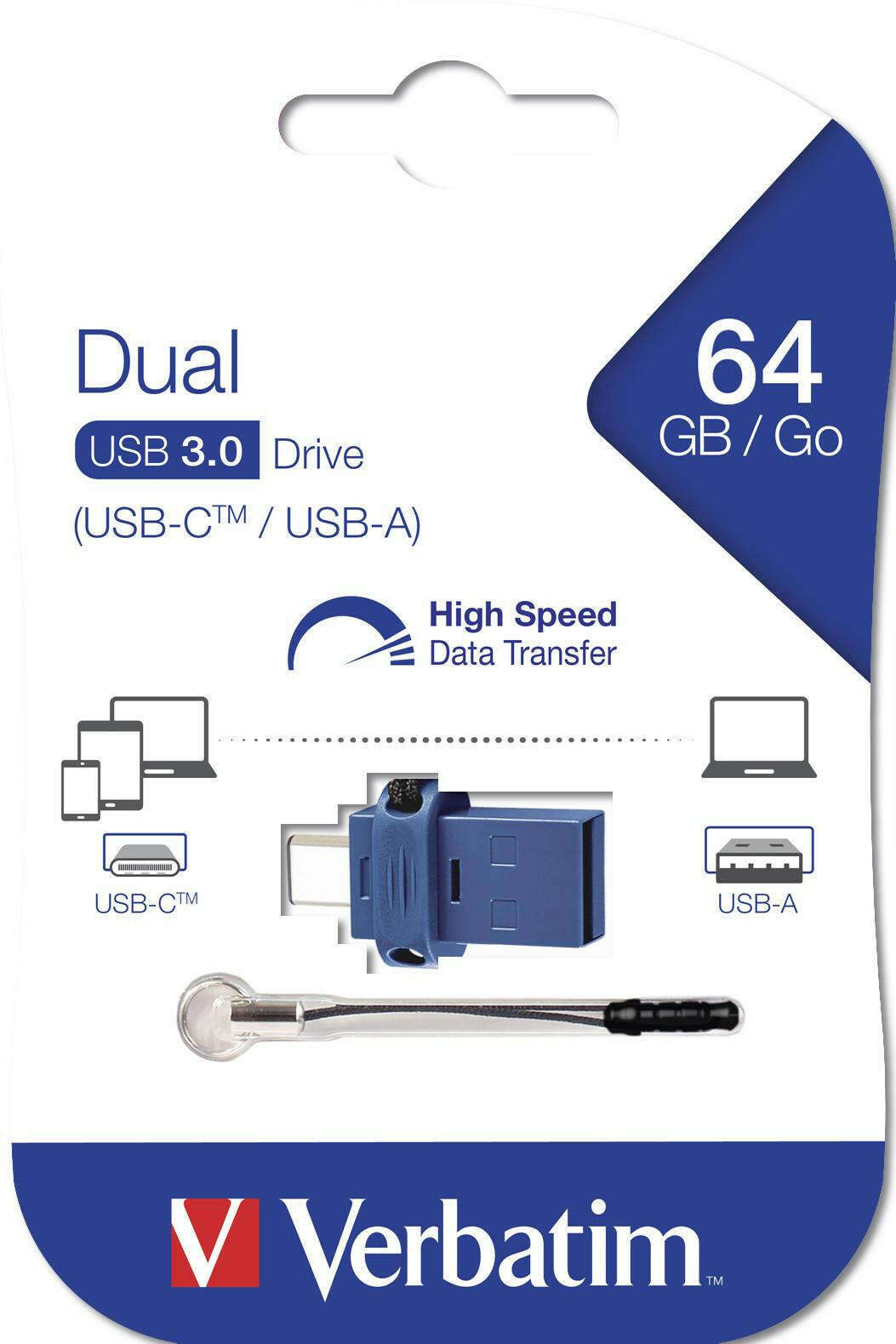 Verbatim Dual USB 3.0 Drive 64 GB - Blue/Black - USB.