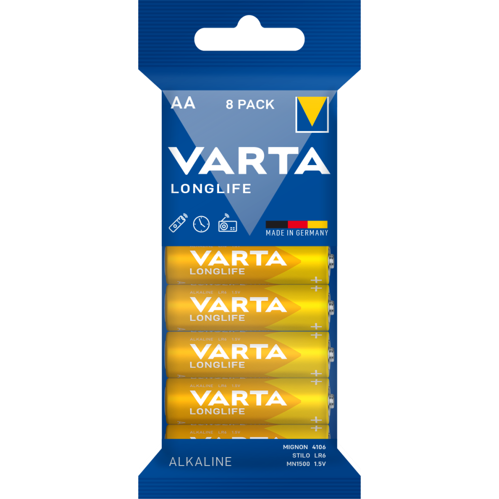 VARTA LONGLIFE AA Batterien 8 Stück Alkaline 1,5V für Fernbedienungen Radios Wecker