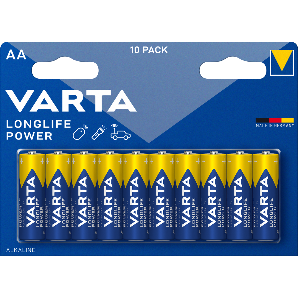 VARTA AA Batterien 10er Pack Longlife Power Alkaline 1,5V - Ideal für Spielzeug, Funkmaus, Taschenlampen - Made in Germany