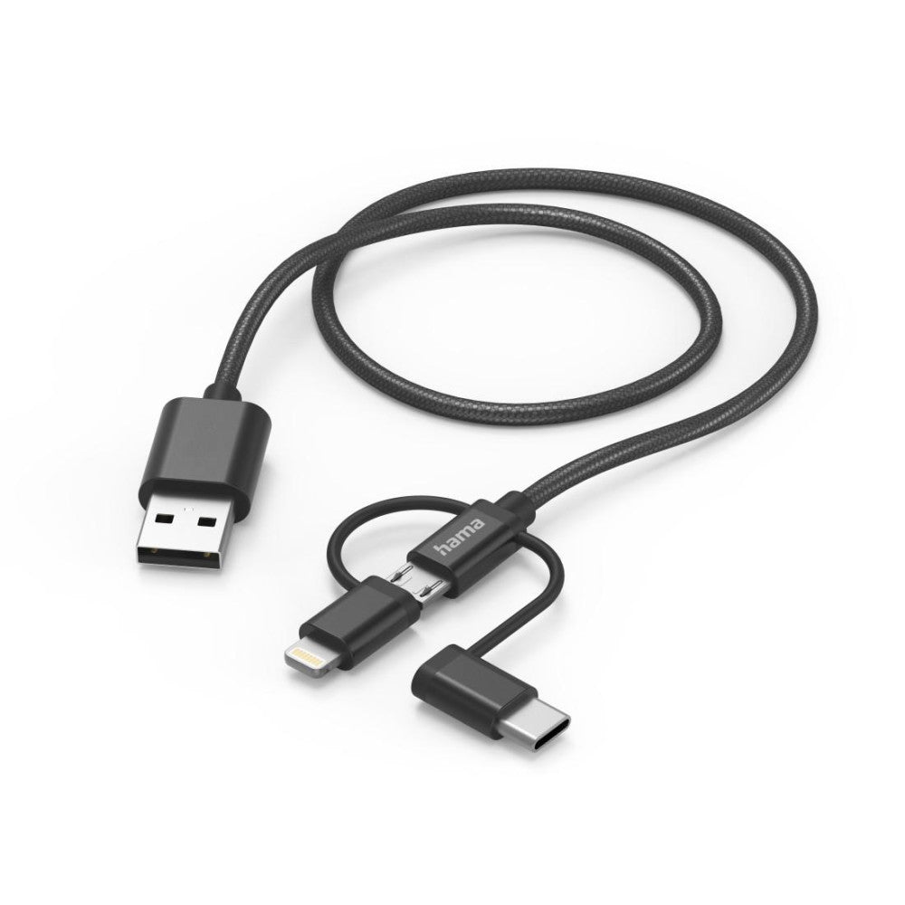 HAMA 3in1 Multi-Ladekabel USB-A Micro-USB USB-C Lightning 1,5m Schwarz Schnellladekabel Tablet Smartphone Nylon Aluminium-Stecker