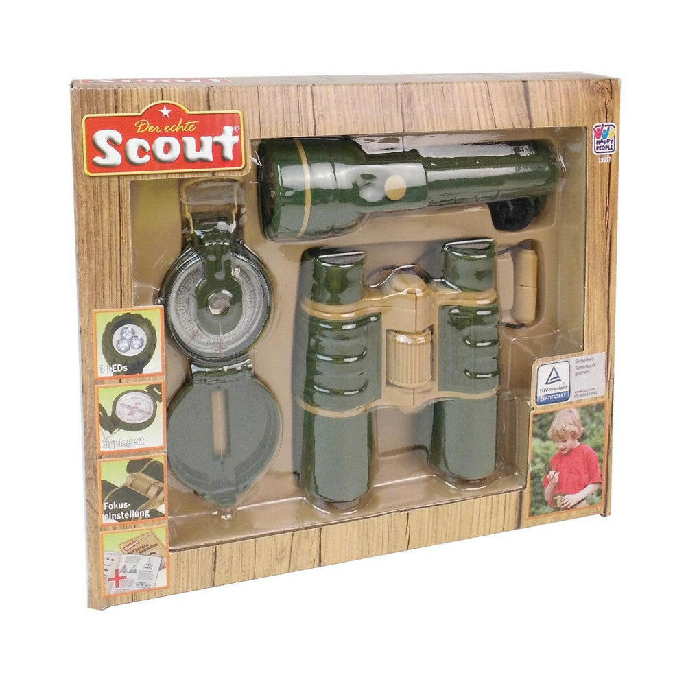 Scout Expedition Kit mit Kompass, Taschenlampe und Fernglas.