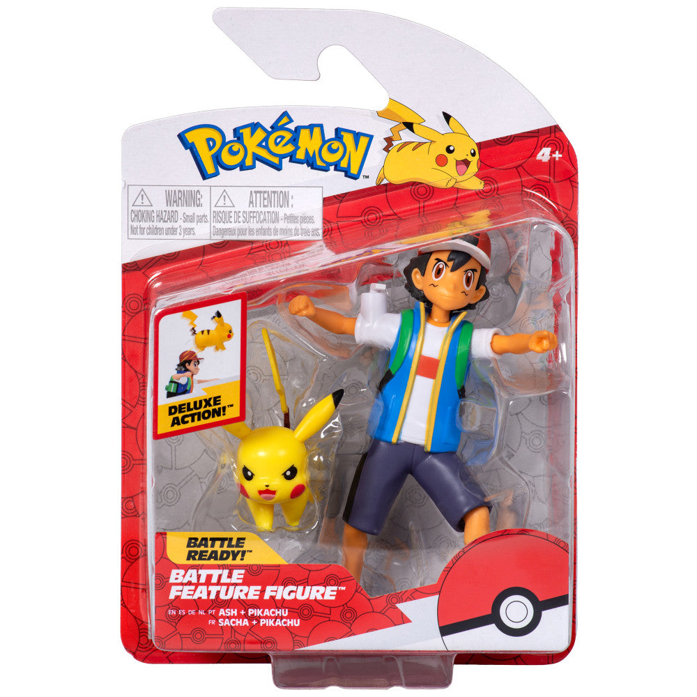 Jazwares Pokémon PKW2473 Battle Feature Figur mit Ash & Pikachu, offiziell lizenziert, beweglich, 11,5 cm & 5 cm, Spielzeug für Kinder ab 4 Jahren