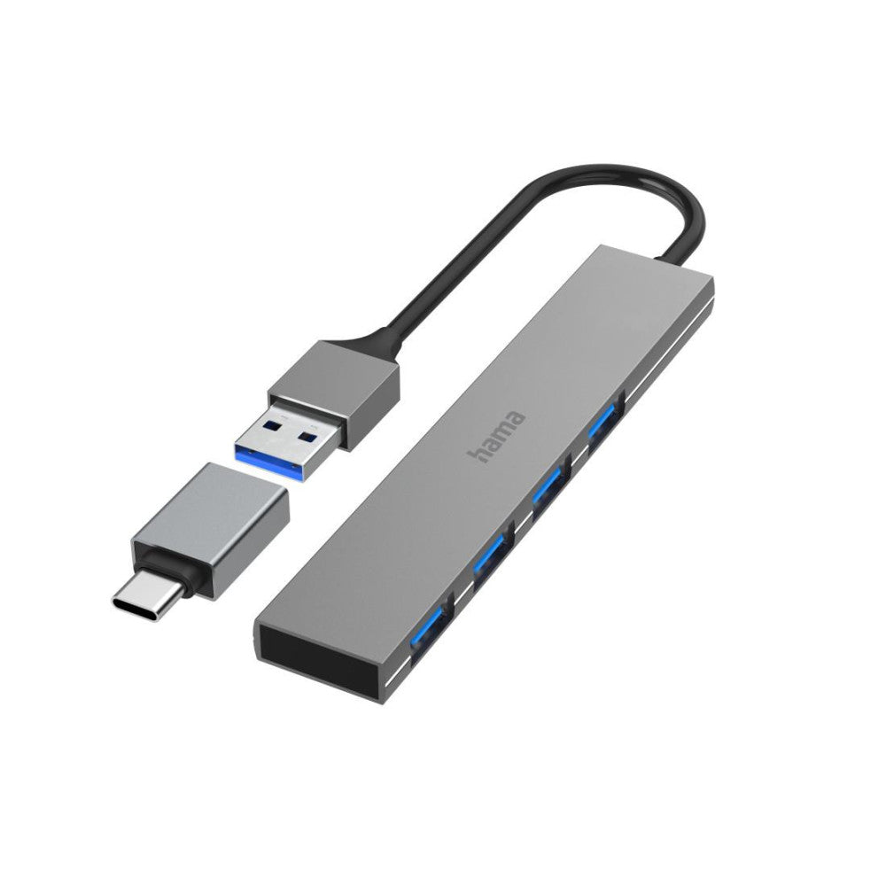 Hama USB-Hub 4 Ports Aluminium Ultra Slim USB 3.2 Gen1 5 Gbit/s inkl. USB-C-Adapter