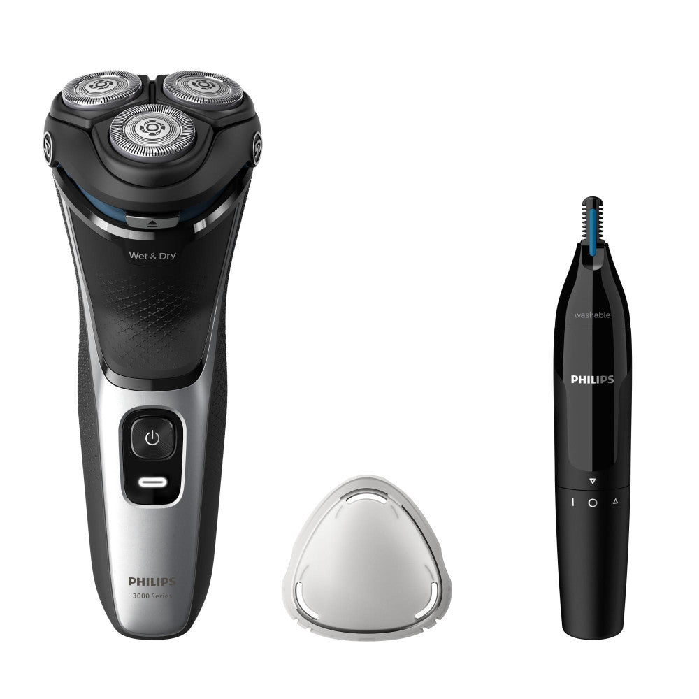 Philips Herrenrasierer 3000 Series S3143/02 (SkinProtect Technologie, 5-dimensional bewegliche Flex-Scherköpfe, Nass- und Trockenrasur, PowerCut-Schersystem, ausklappbarer Präzisionstrimmer, inkl. Nasen- und Ohrenhaartrimmer) - TRONYQ