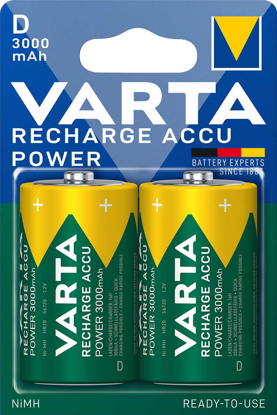 Varta Rechargeable ACCU D 3000mAh Ni-MH - 2er Blister.