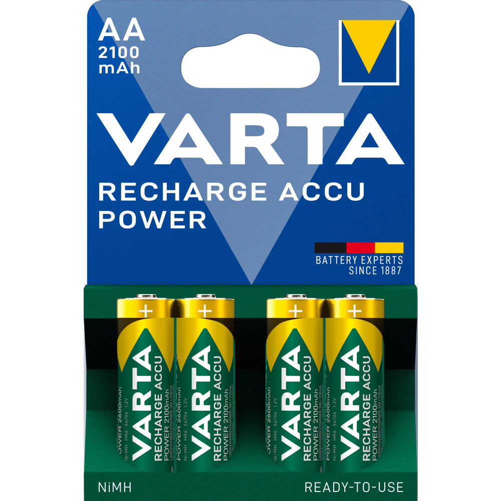 VARTA Wiederaufladbarer AA Akku mit 2100mAh, 4er Blister - Ready to Use Technologie