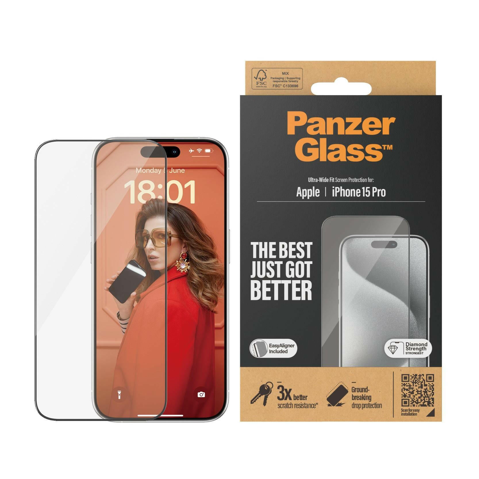 PanzerGlass iPhone 15 Pro Schutzglas mit EasyAligner.
