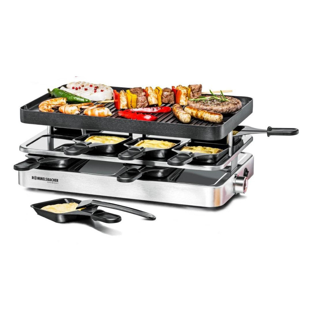 ROMMELSBACHER RC 1400 Raclettegrill (1200W, 8 Pfännchen, Alu-Druckguss-Platte, Antihaftbeschichtung, stufenlos regulierbar)