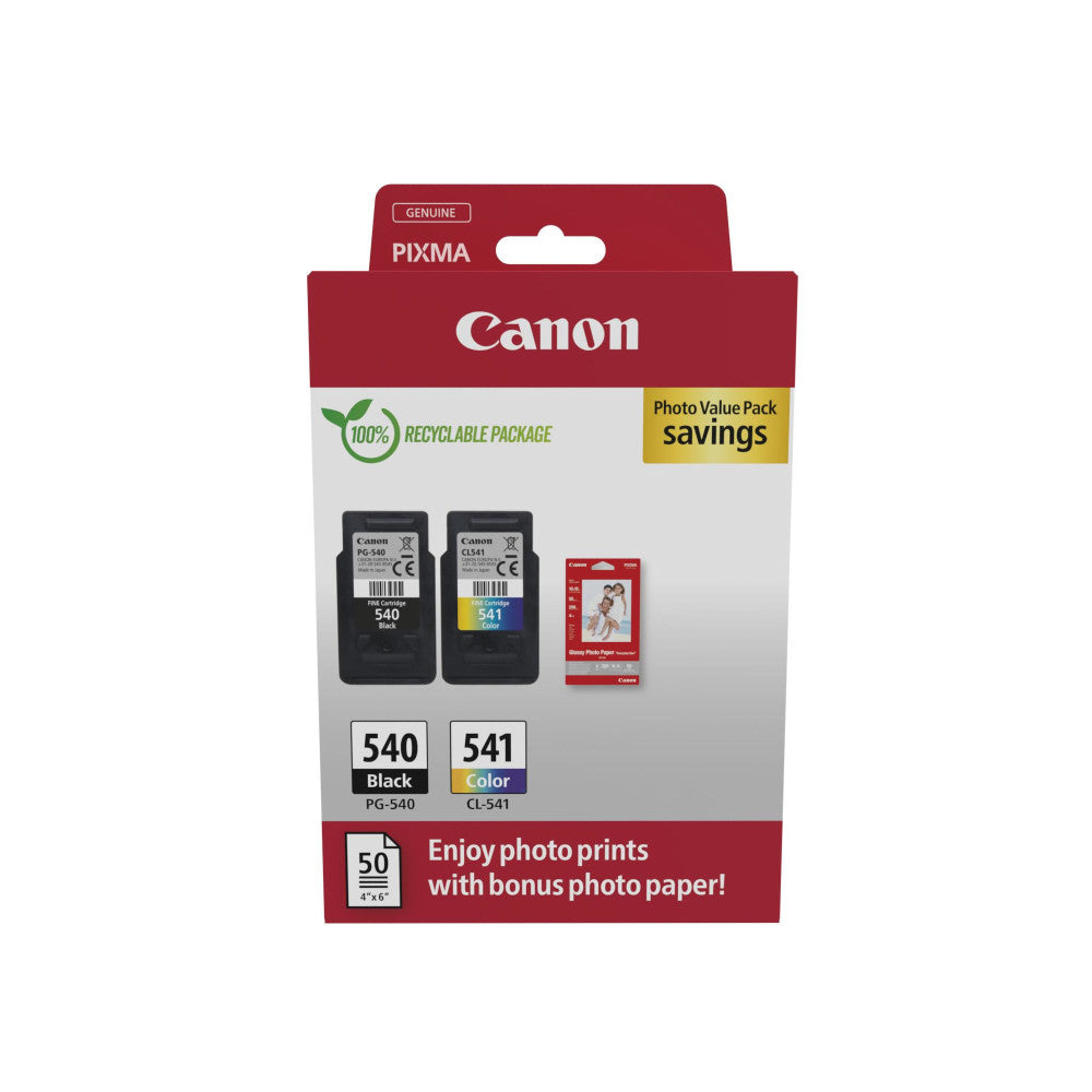 Canon PG-540/CL-541 Original Tintenpatronen + 50 Blatt 10x15cm Fotopapier - Vorteilspack-Umweltfreundliche Verpackung