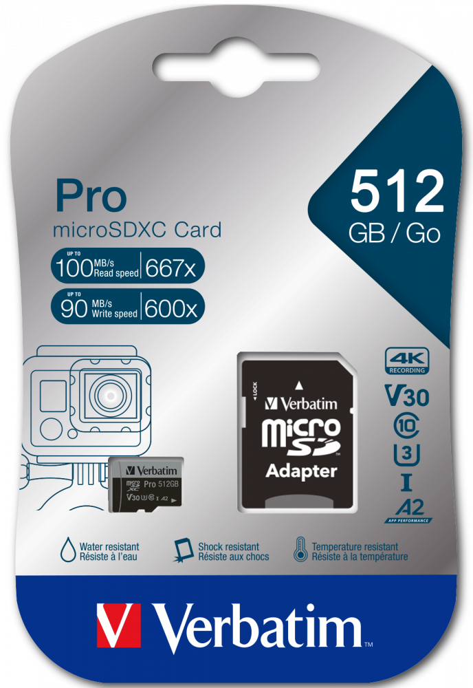 Verbatim Pro U3 512GB microSDXC Karte, 4K, wasserdicht.
