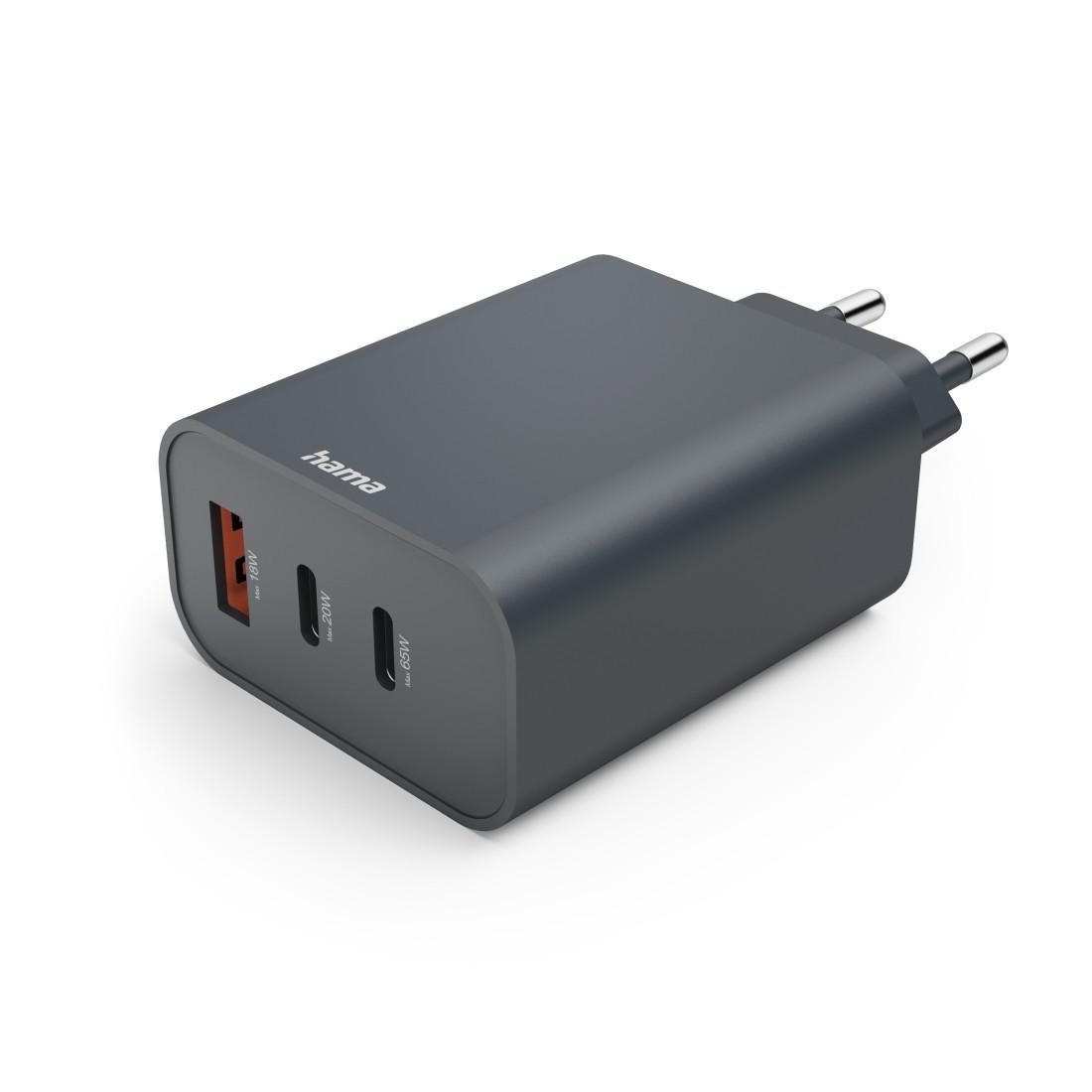 HAMA Schnellladegerät 65W PD, 2x USB-C + USB-A, Anthrazit