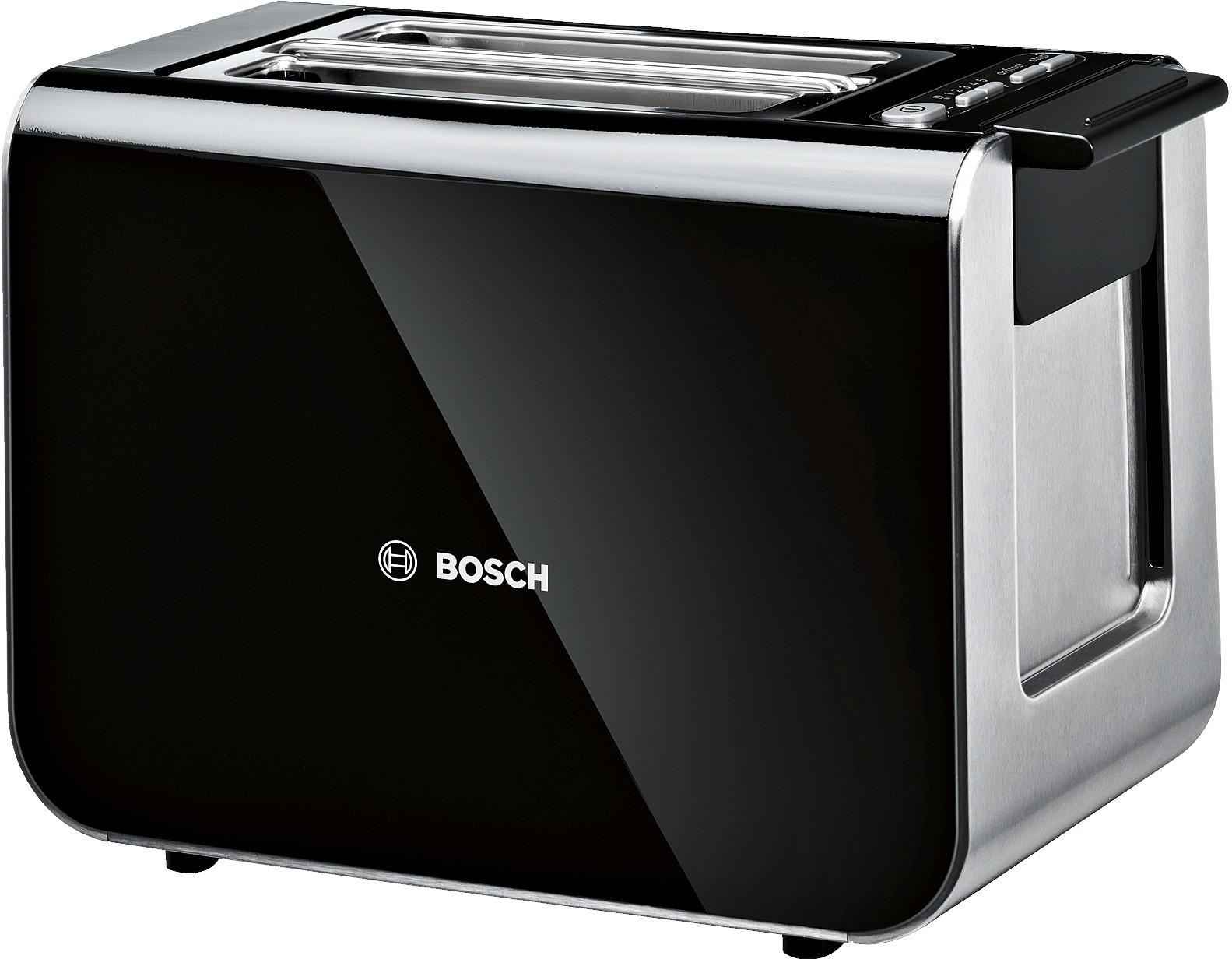 BOSCH TAT8613N Toaster (2 Scheiben, 860 W, Edelstahl, schwarz, Brötchenaufsatz, Auftaufunktion, Aufwärmfunktion)