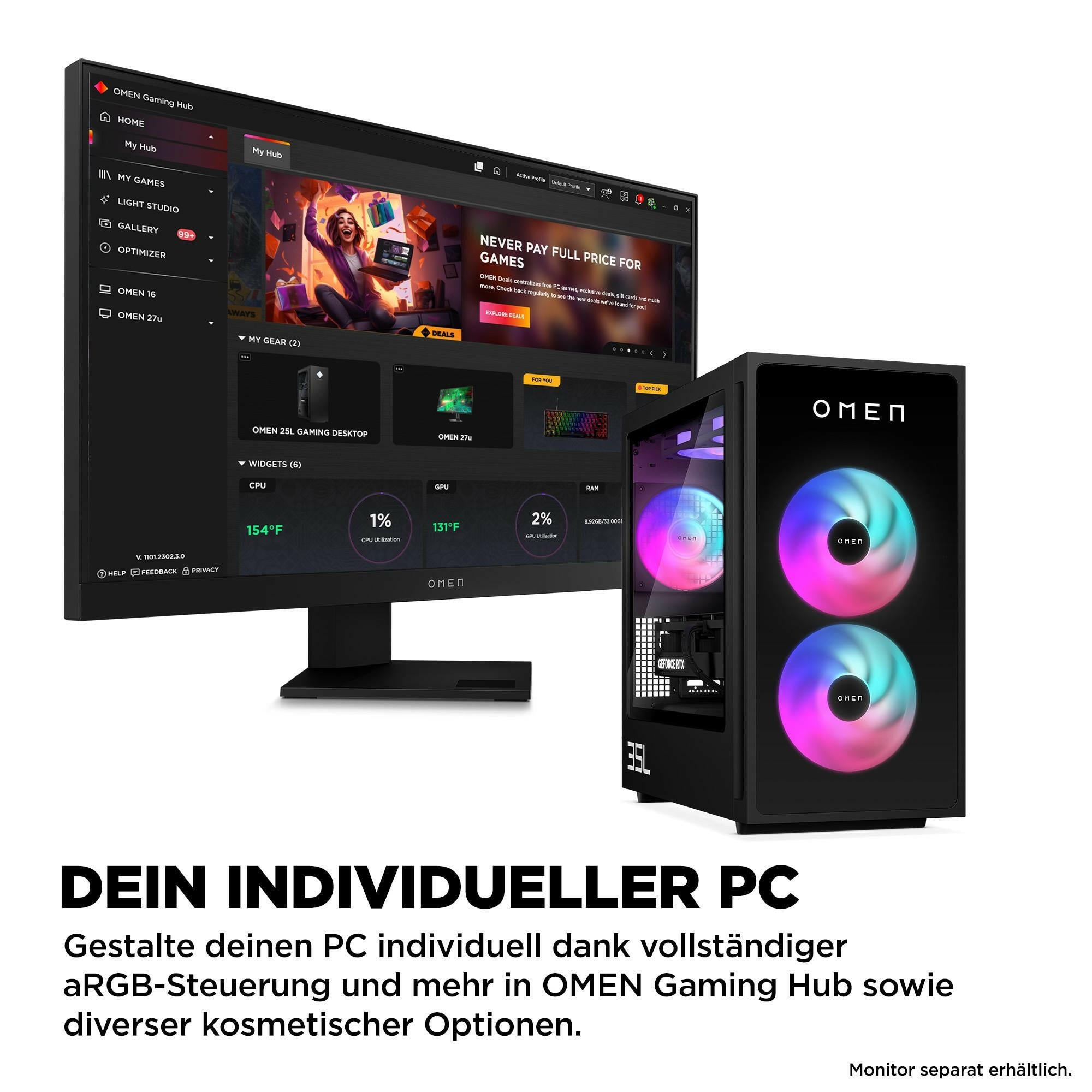 HP OMEN GT16 Gaming-PC, Ryzen 7, 32 GB, RTX 5070, 1 TB SSD.