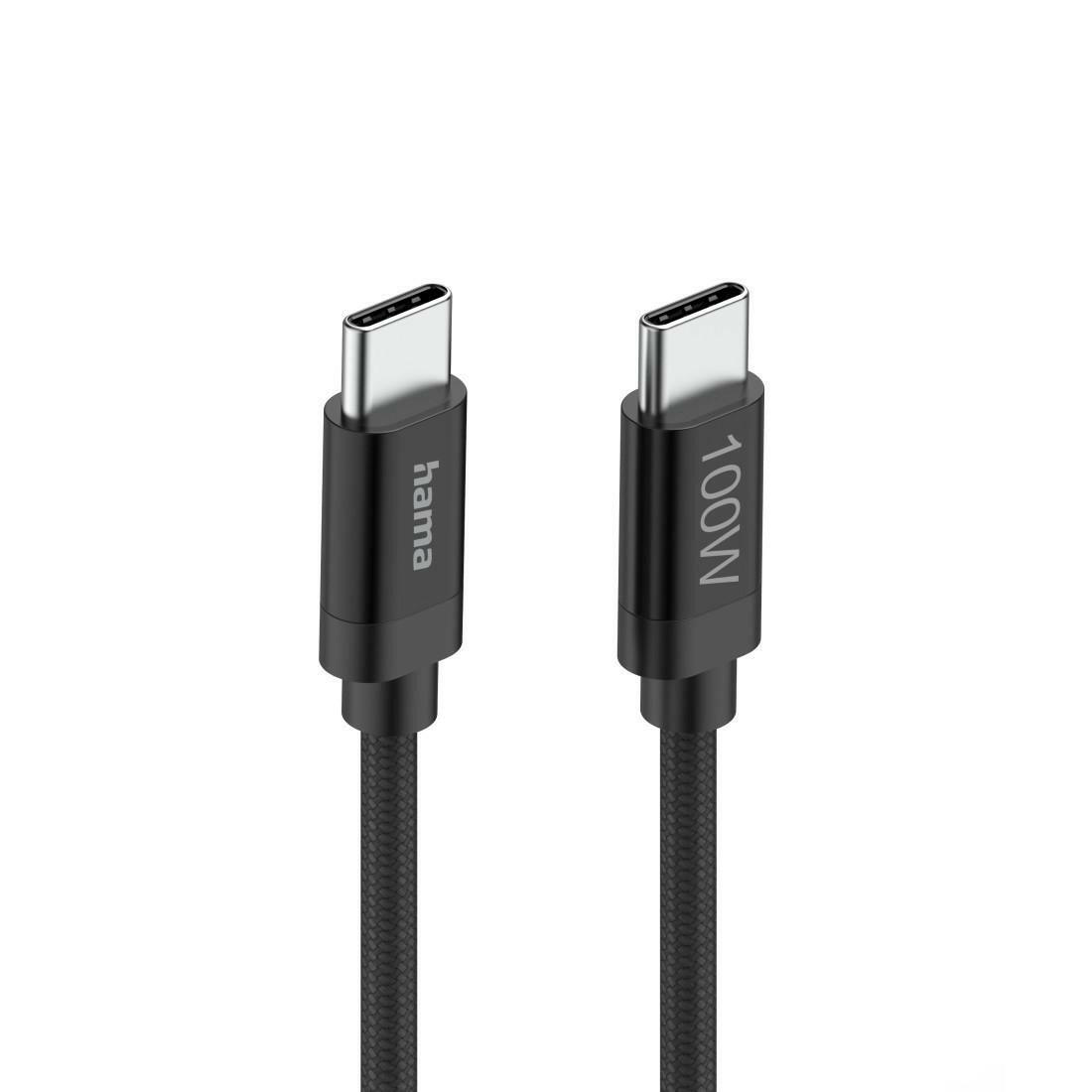 Hama USB-C Kabel 100W, 1,5m, Nylon, Schwarz, schnelles Laden.