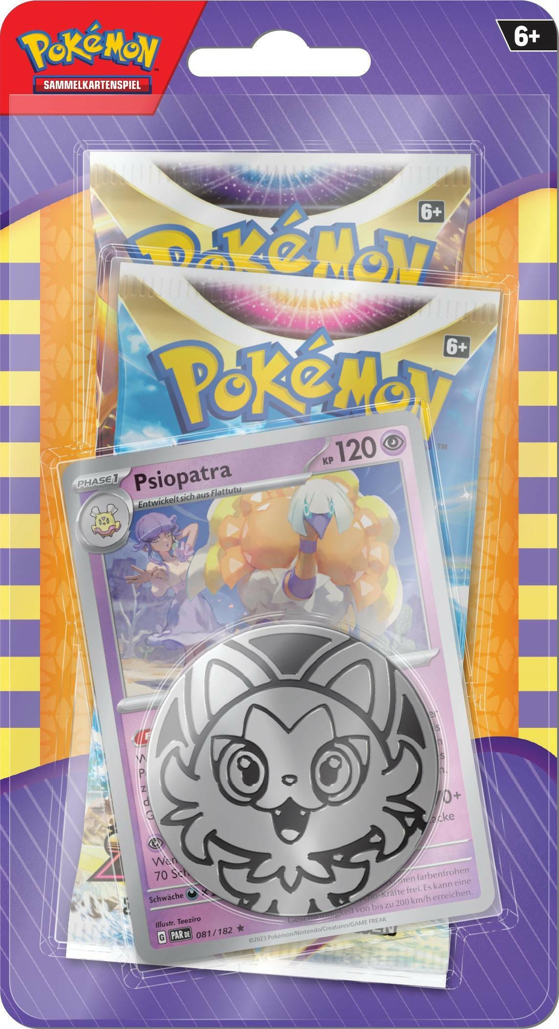 Pokémon Zwei-Boosterpack-Blister mit Psiopatra & Münze.