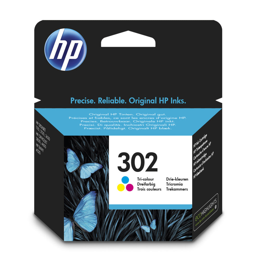 HP Original Druckerpatrone 302 Cyan/Magenta/Gelb für Deskjet 1110 2130 3630 OfficeJet 3830 4650 ENVY 4520, Tricolor Standard Patrone 302 F6U65AE, 4