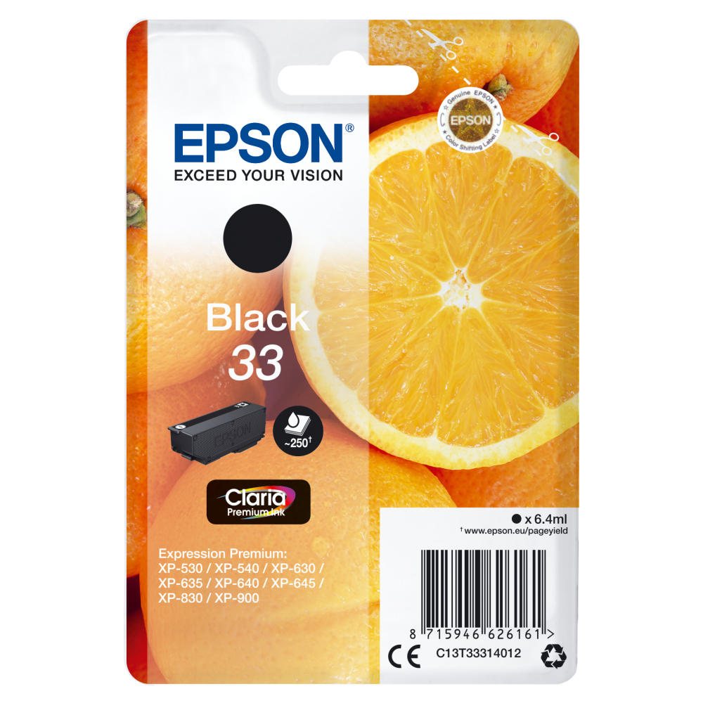 Epson Original Tintenpatrone C13T33314012 Orange schwarz für XP-530 XP-540 XP-630 XP-640 XP-645 XP-7100 XP-830 XP-900 Drucker - Schwarz 6,4 ml