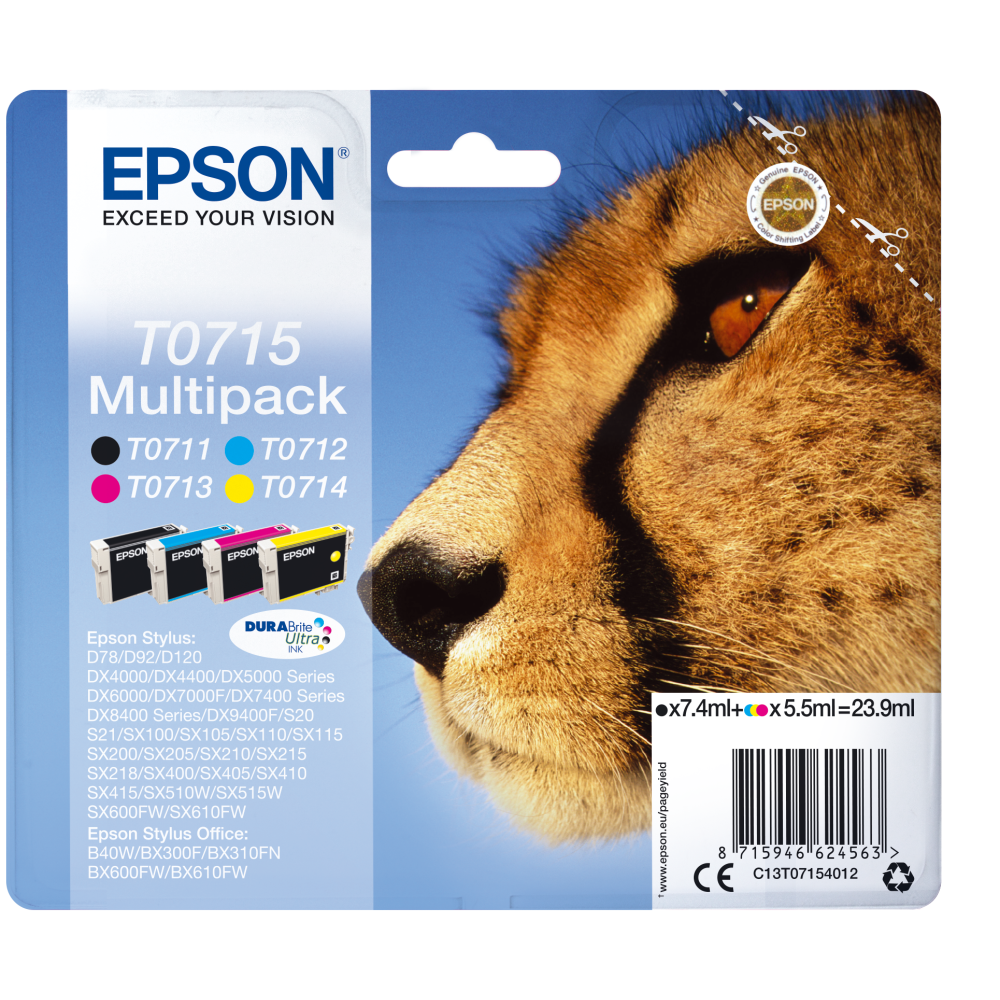 Epson Original Druckerpatrone Gepard T0715, Schwarz Cyan Magenta Gelb, 430 Seiten