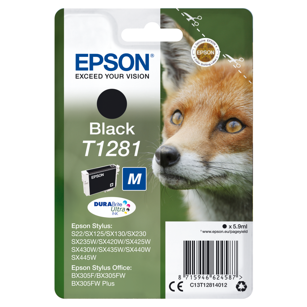 Epson Original T1281 Fuchs Black Tinte SingleC13T12814012 1,59 ml für S22 SX125 SX420W BX305F BX305FW SX130 SX440W BX305FW SX435