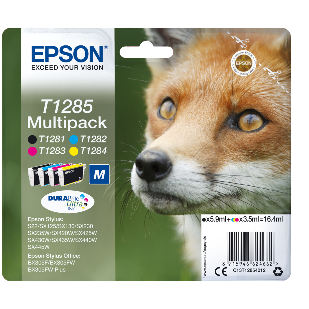 Epson Original Tintenpatrone C13T1285 Fuchs Multipack - Magenta, Cyan, Gelb, Schwarz - Hochwertige Druckqualität - Einfaches Austauschen