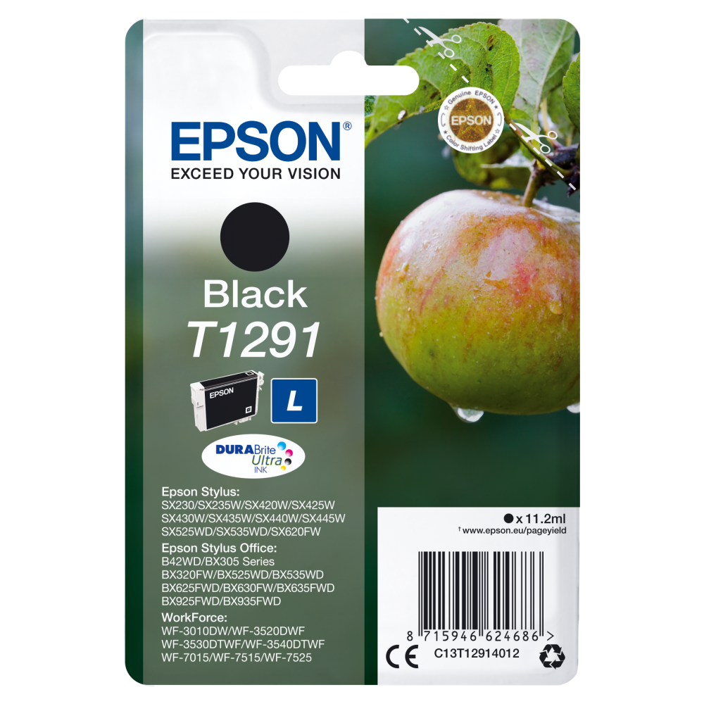 Epson Original T1291 Apfel schwarz Tintenpatrone 11,2 ml für SX420W BX320FW SX620FW BX/SX525WD BX625FWD BX305FW Drucker