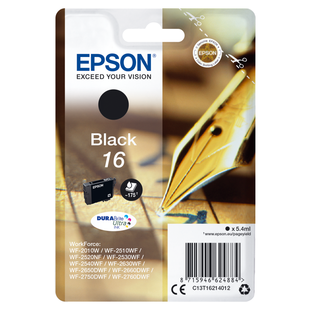 Epson Original Tintenpatrone C13T162141012 Füller schwarz für WF-2630WF WF-2650DWF WF-2660DWF WF-2750DWF WF-2760DWF