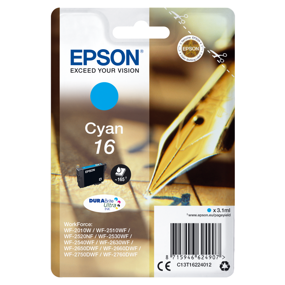 Epson Original Cyan Tinte Füller C13T16224012 Druckerpatrone - Hohe Druckleistung 165 Seiten - 3,1 ml