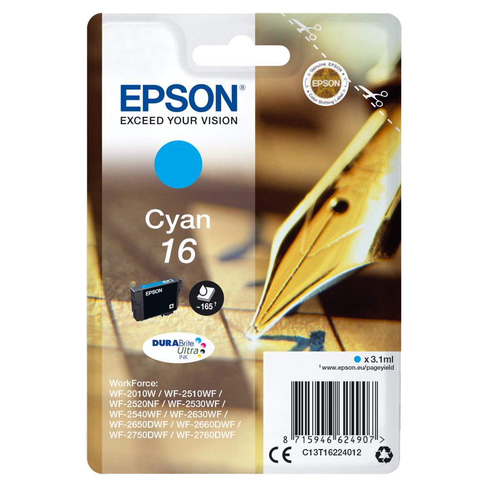 Epson C13T16224012 Cyan Tintenpatrone, 165 Seiten, 3,1 ml.