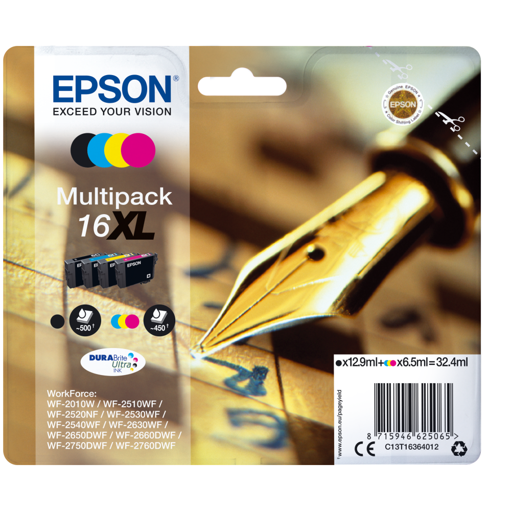 Epson Original 16XL Tintenpatrone Füller MultiPack WF-2630WF WF-2650DWF WF-2660DWF WF-2750DWF WF-2760DWF 4-farbig