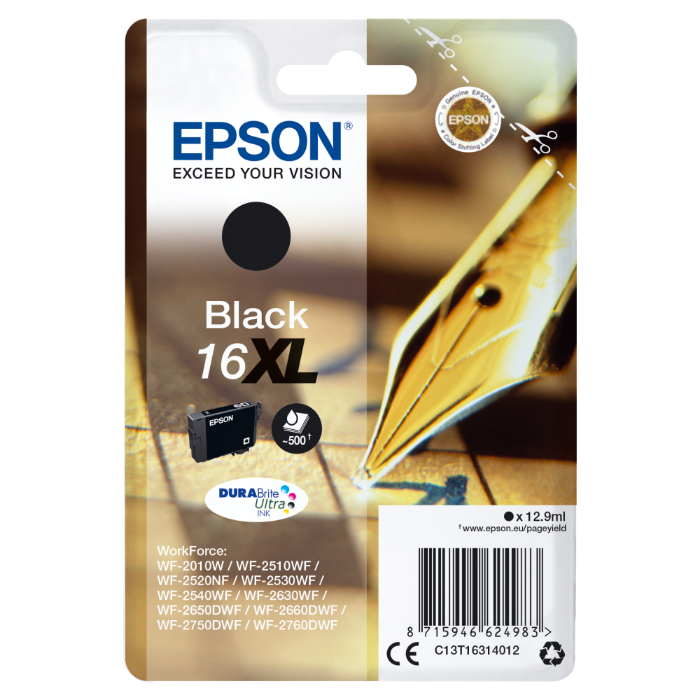 Epson Original 16XL Schwarz Tintenpatrone C13T16314012 für WF Drucker Modelle